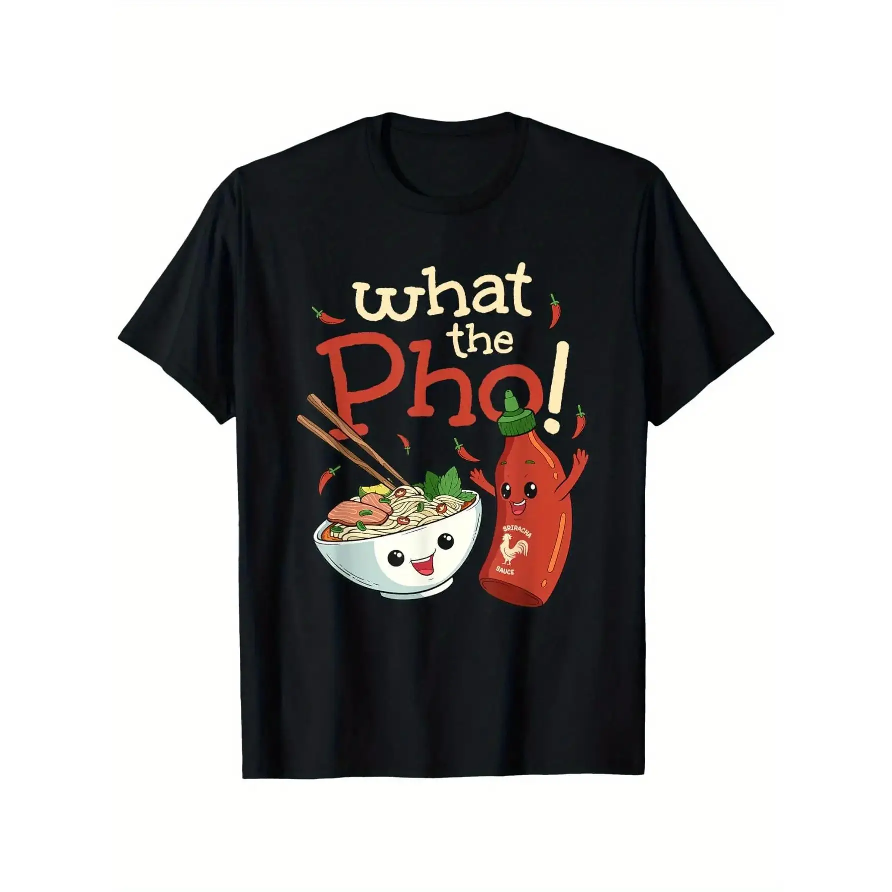 Men's Cotton Crewneck Short-Sleeve Graphic Tee - "What The Pho!" Print, Pho Noodle & Sriracha Design, Humorous Food Pun, Asian Cuisine Themed Vintage Streetwear Casual Menswear Black T-Shirt