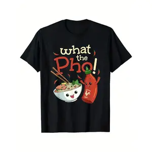 Men's Cotton Crewneck T-Shirt, Short-Sleeve "What The Pho!" Graphic Top with Cute Pho Noodle & Sriracha Print, Humorous Food Pun, Trendy Asian Cuisine Theme, Casual Comfortable Menswear Round Neck Black