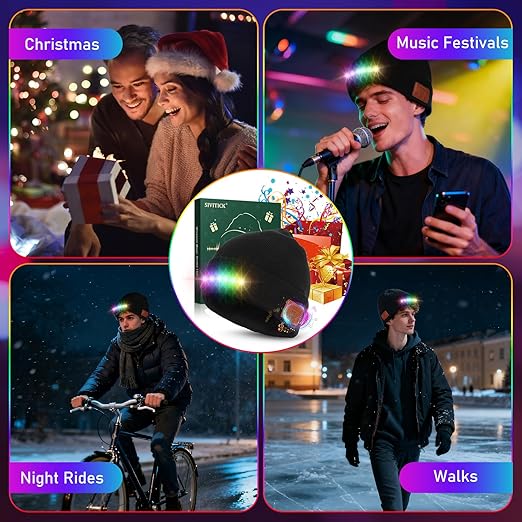 RGB LED Bluetooth Beanie with Music Sync, USB Rechargeable Light Up Hat for Christmas & Birthday Gifts | 7  & 5 Modes for Night Rides, Parties, Festivals Black