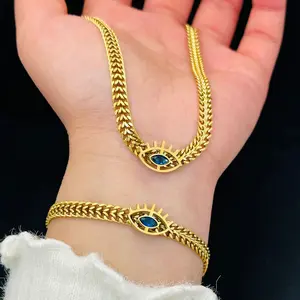 Evil Eye Jewelry Set, Oval Eye Pendant Dark Blue Demon Eye Necklace Bracelet Titanium Steel Jewelry