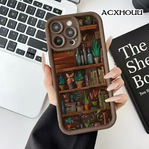 Soft Case for iPhone 16 E Pro Max 15 Plus 14 13 12 11 XS XR Book and Plants Shelf Printed TPU Rubber Full Lens Guard Protective Cover