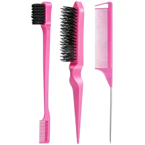 3 Piece Hair Styling Comb Set, Teasing Brush and Rat Tail Comb for Edges and Back Brush, Smooth Hair for Women