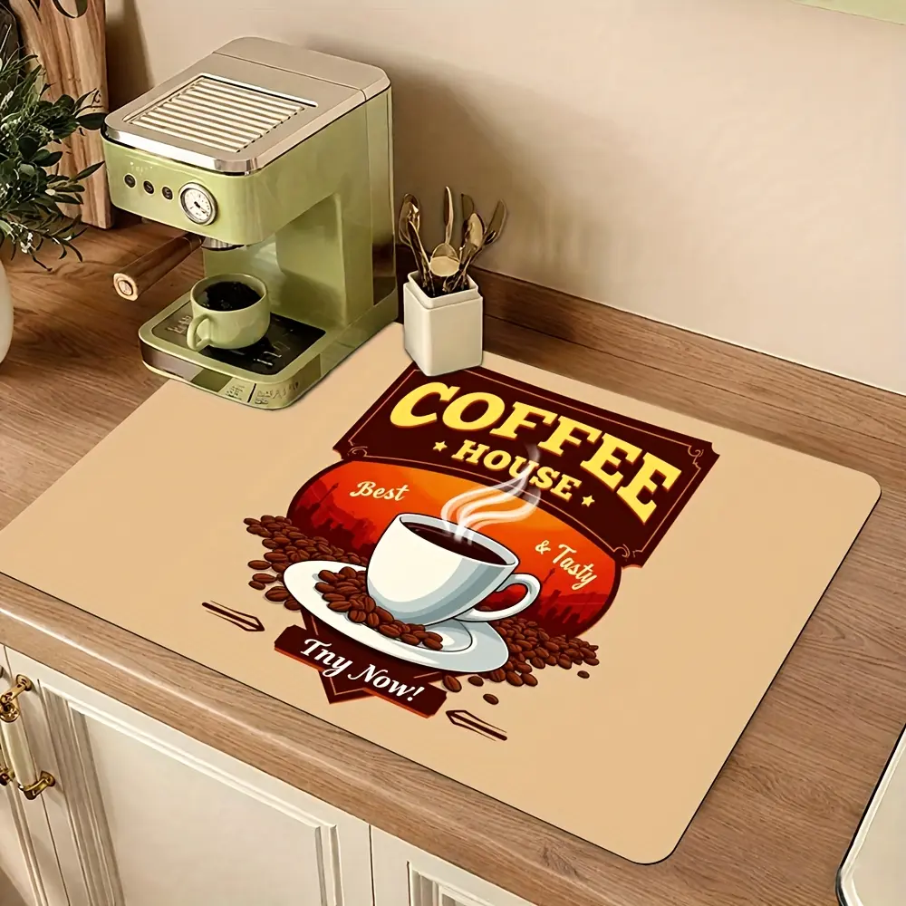 Coffee House Mat - Non-Slip Absorbent Coffee Cup & Beans design, High Quality Kitchen Counter Mat for Espresso Machines, Coffee Stations - Perfect Gift for Coffee Lovers (Beige/Brown) - Easy-Clean Polyester Surface, Coffee Bar Supplies, Barista Essentials