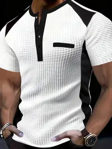 Men's Fashion Casual Business Henry Shirt, High-End Waffle Fabric, Fake Pocket Design, Golf Polo Set, Breathable Warm, All Seasons
