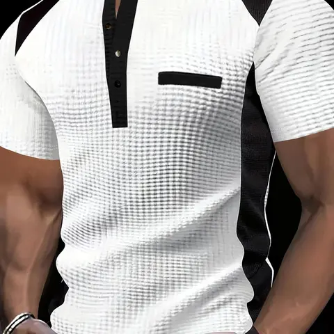 Men's Fashion Business Henley Shirt, High-End Top for All Seasons, Fake Pocket Design, Breathable Waffle Fabric, Faux