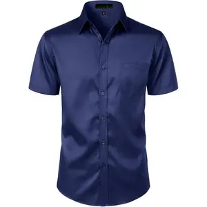 Men's Stretch Slim Fit Dress Shirts Formal Wedding Prom Short Sleeve Button Down Shirt with Pocket Fabric Menswear