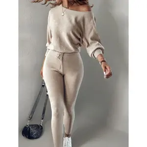 2 Pieces Casual Suit Long Sleeve Pullover Drawstring High Waist Pants Suit Sportswear