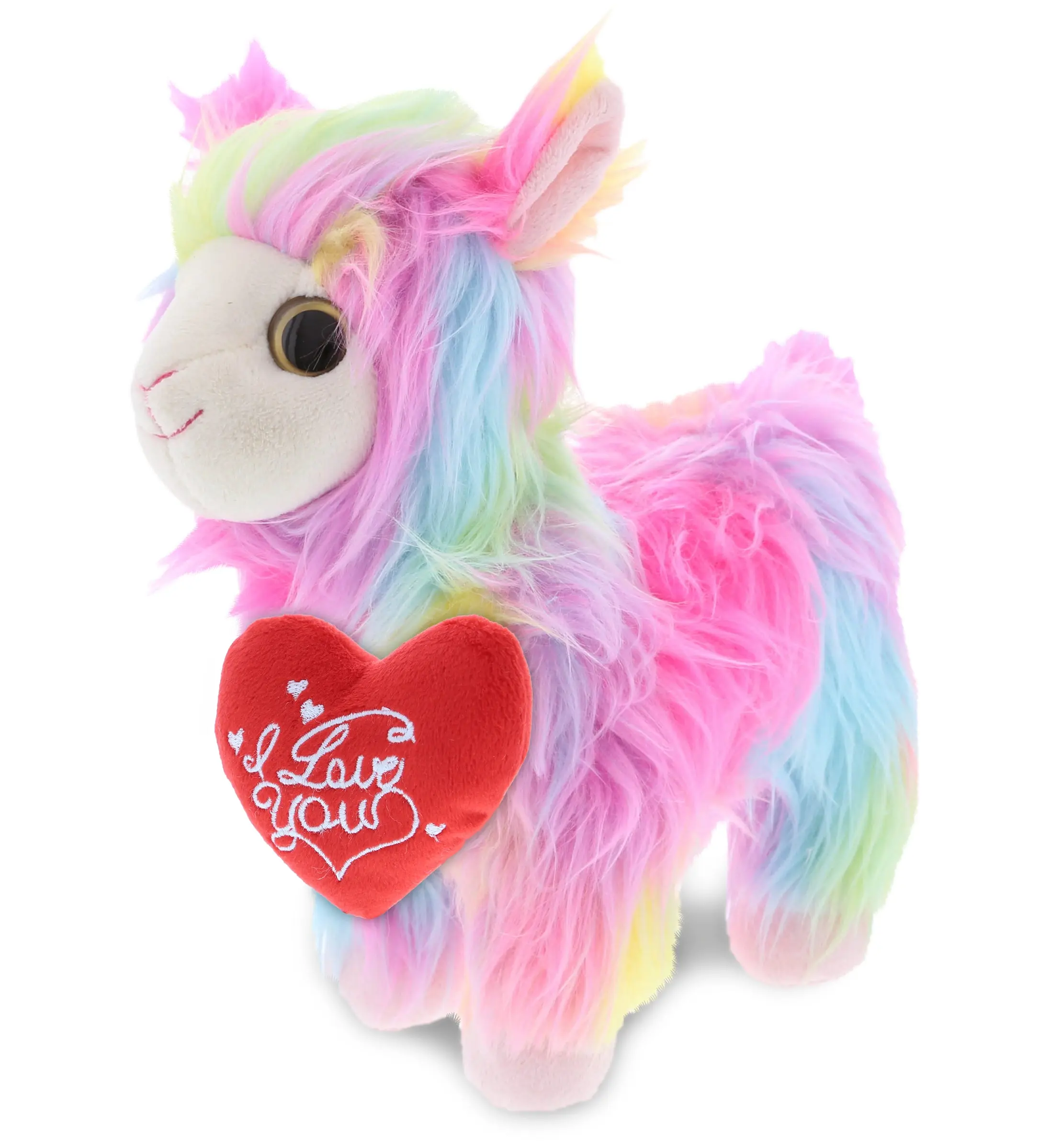DOLLIBU Polyester Rainbow Look Llama Stuffed Toy - Super Soft Plush, Unisex for Ages 0-12, with Red Heart and "I Love You" Design