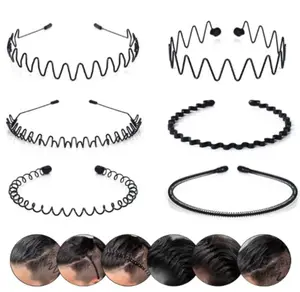 6-Pack Metal Headbands for Men & Women – Black Wavy Non-Slip Spring Hair Hoops, Unisex Elastic Hairbands for Sports & Daily Wear