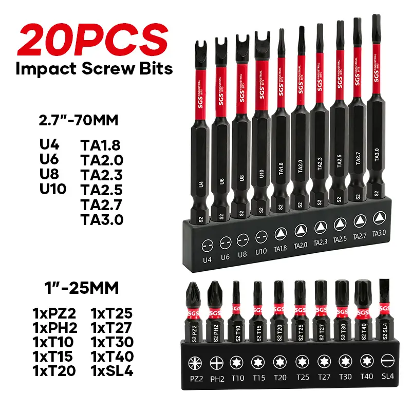 20 Pcs Industrial S2 Steel 60-62 HRC Torx/Phillips/Pozi/ Slotted/Triangular/U-shaped Screwdriver Bits Set, Anti-Slip Magnetic Drill Head, Impact And Wear-Resistant, 1/4" Hex Shank With Black Base, For Woodworking, Industrial Manufacturing Tools