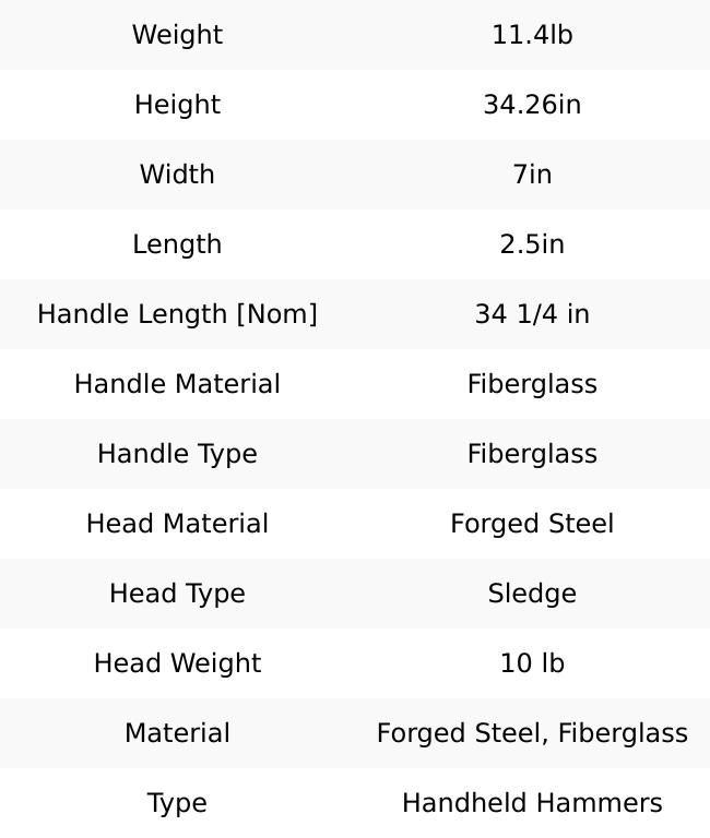 Union Tools 3115000 10lb Sledge Hammer, 34" Fiberglass Handle