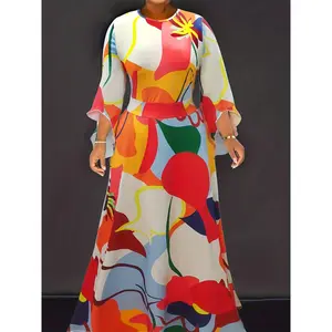 Women's Color Pattern Printed Crew Neck Dress