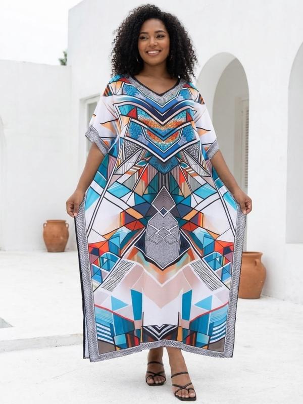 EDOLYNSA kaftans for woman oversized Moo Moo Dress printing Beach Holiday Dress beach wear vacation lounge around cover up party casual outfits muumuu caftan Comfy Homewear versatile Robe Q1469