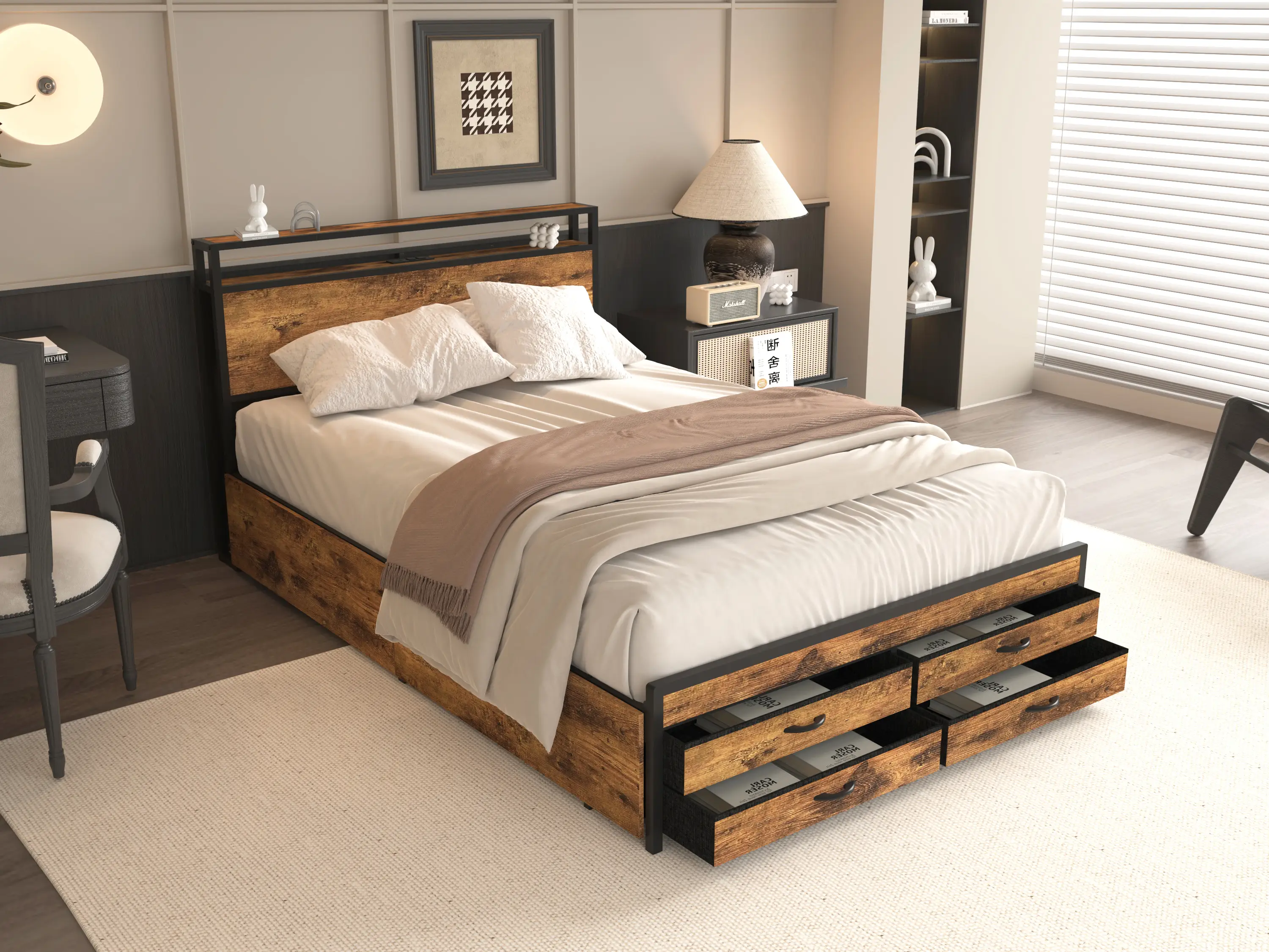 Full/Queen Size Bed Frame with 8 Storage Drawers, LED Headboard with Charging Station, Metal Platform Bed Frame, Stable and Solid, Brown