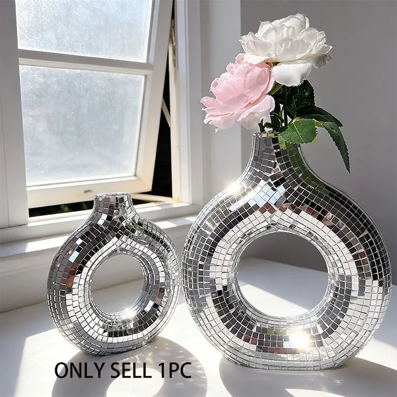 Disco Disco Flower Pot Donut Glass Mirror Vase, Indoor Decorative Planter, Vintage Style Floral Arrangement Container, Vintage Room Decor, Vintage Vases, Vases Home Decor