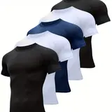 Men's 5-Piece Slim-Fit Short-Sleeve Crew Neck Compression T Shirts Set - Functional Gym Stuff, Slim Cut for Easy Movement, Ideal for Gym & Daily Use (Black, White, Navy), Men's T Shirts,outdoorfun