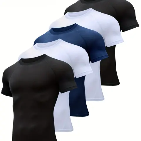 Men's 5-Piece Slim-Fit Short-Sleeve Crew Neck Compression T Shirts Set - Functional Gym Stuff, Slim Cut for Easy Movement, Ideal for Gym & Daily Use (Black, White, Navy), Men's T Shirts,outdoorfun