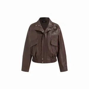 Cider Stand Collar Zip Through Faux Leather Bomber Jacket