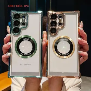 Luxury Plating Transparent Magnetic Protective Case for Samsung Galaxy S24 Ultra S23 S24 FE S22 Plus Ultra Phone Cases Wireless Charge Cover, Supports Wireless Charging, Cellphone Accessories