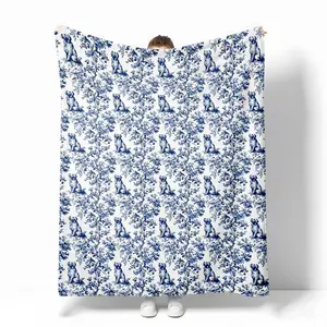 Golden Retriever French Toile Blanket Velveteen Blue Toile de Jouy Cozy Throw for Dog Lovers Mom Gifts