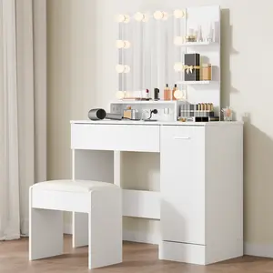 Small Makeup Vanity Table Set with Storage Drawers & Chair, Vanity Desk with Lights Mirror & Power Outlet, 3 Lighting Modes Adjustable Brightness, Dressing Table for Women Girls Bedroom, White