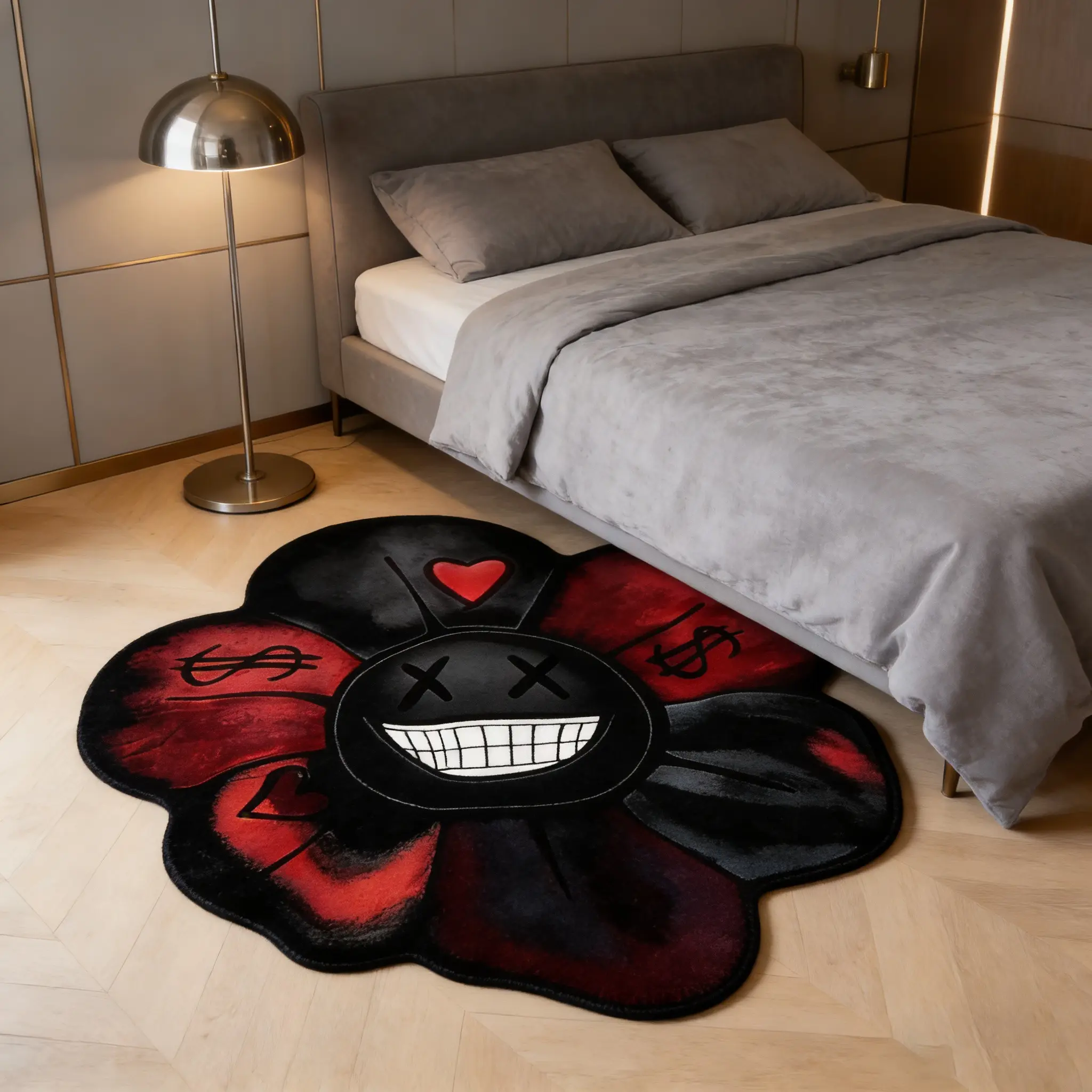 Irregularly shaped black and red floral, dollar sign, heart, and emoji print large-area living room and bedroom rug/mat. Modern luxury, high-end fashion, artistic, washable, and easy-to-clean plush rug. Suitable for living room, bedroom, bedside, sofa