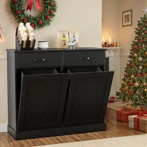 Double Tilt-Out Trash Can Cabinet, 2x15 Gallons Hidden Garbage, Hidden Kitchen Trash Cabinet with Storage Drawer, Pet-Proof Wooden Garbage & Recycling Cabinet for Kitchen, Laundry & Living Room, Black