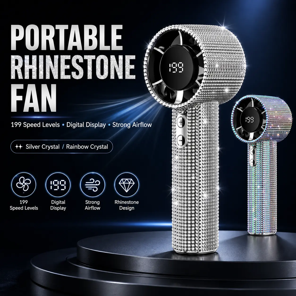 Diamond-Shimmering Luxury Fan-A Portable Handheld Turbo Fan 3 Gear Wind Rechargeable Long Battery Life Hand Fan With Digital Display For Outdoor Activities Travel Office Strong Boosting Output Long Distance Blowing