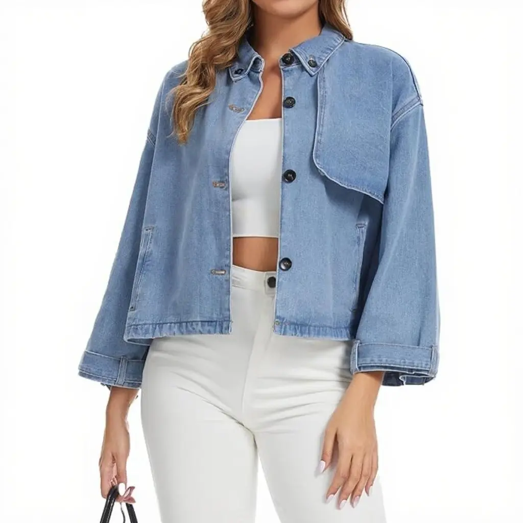 Kedera Women's Oversized Cropped Denim Shacket - Boxy, Lightweight Polyester Blend Long Sleeve Button-Up Casual Loose Coat with Pockets for Easy Wear, Coffee Runs