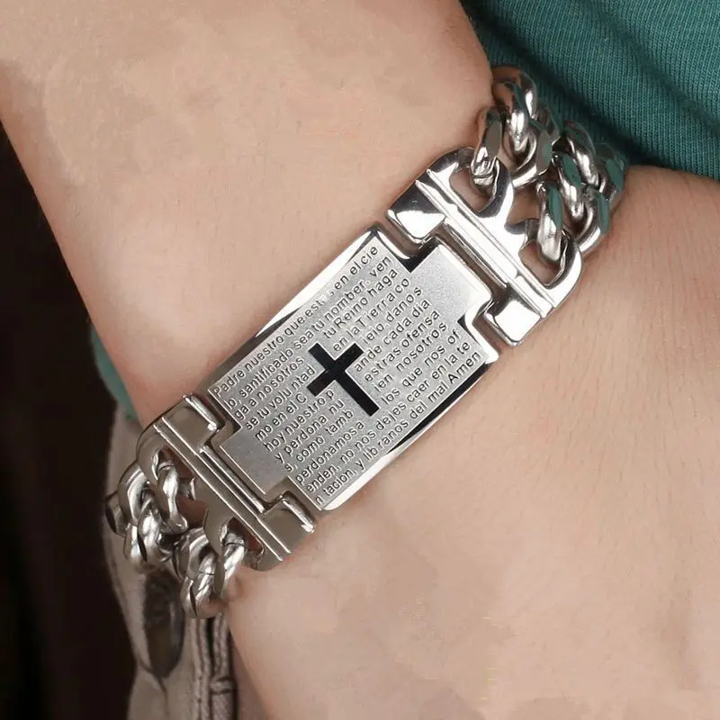 Men's Cuban Chain Bracelet - Durable Skin-Safe Steel, Engraved Spanish Prayer Text Cross, Hypoallergenic Faith + Style Fashion Jewelry for Bracelets & Bangles Lovers