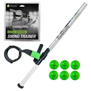 SWINGRAIL Baseball/Softball Swing Trainer - 3 Products in 1 - Swing Trainer + Speed Bat + 6 Plastic BasebalI Improves Contact, Bat Speed & Hand-Eye Coordination - Equipment for Hitting Practice