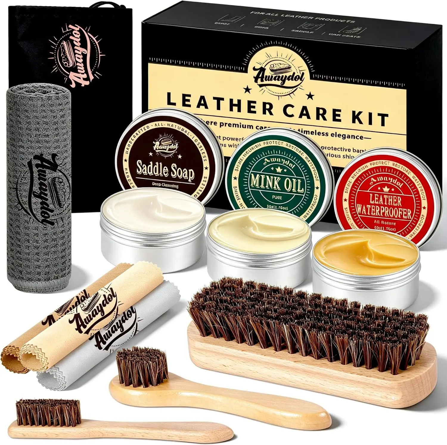 11 PCS Leather Care Kit - Horsehair Brushes,Saddle Soap,Waterproofing Wax,Mink Oil Conditioner,Polishing Cloth,Microfiber cloth,Boot Shoe Shine Cleaning Kit Gift for Men Cowboy Husband Dad﻿