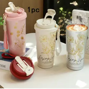 500ML Thermos Cup, Coffee Insulated Cup, Stainless Steel Vacuum Flask, Cold & Hot Cup, Double Wall Straw Cup, Thermal Iced Travel Mug