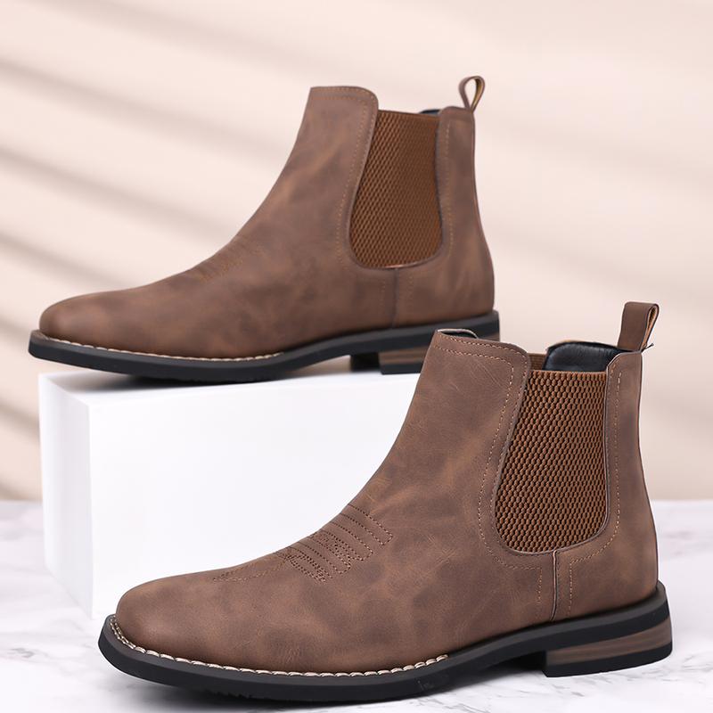 New Winter Men’s Western Cowboy Boots, Square Toe Chelsea Boots, Casual Retro Fashion Classic Comfortable Simple Khaki, Black, and Gray Trendy Men’s Shoes