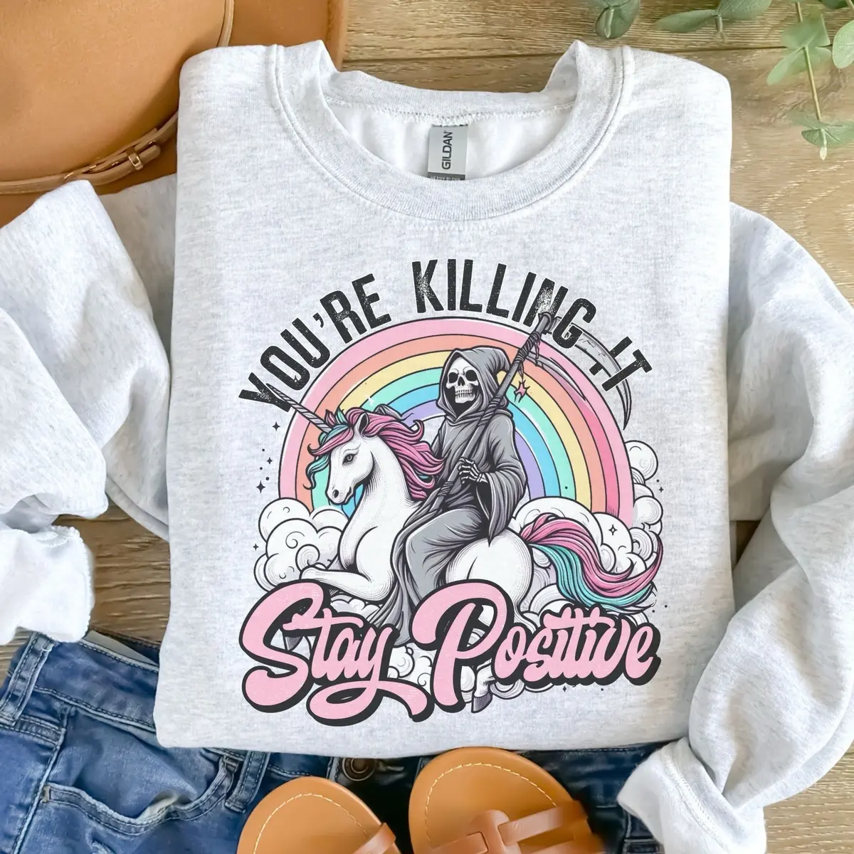 You’re Killing It Stay Positive Sweatshirt - Ash Grey - Sublimation - Unisex Sizing