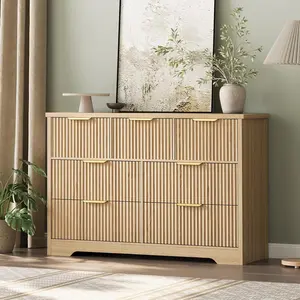 Brown Modern Fluted Dresser 7 Drawer Wide Bedroom Storage Cabinet Oak TV Stand Wicker Furniture for Adult Bedroom Hallway
