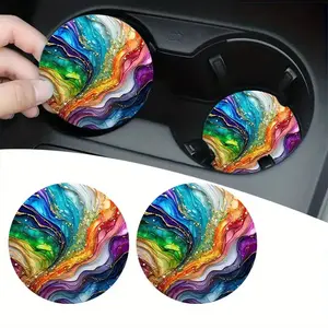 Fluid Art Car Cup Holder Coasters, Colorful Alcohol Ink Agate Absorbent Rubber Mat, Dreamy Marble Aesthetic Vehicle Interior Accessories 2pc
