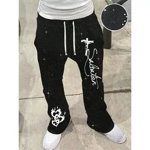 Men's Casual Wide Leg Pants, Glitter Fabric, Cross & Flame Print, Essential for Streetwear Lovers, Must-Have for Men, Casual Streetwear Trousers