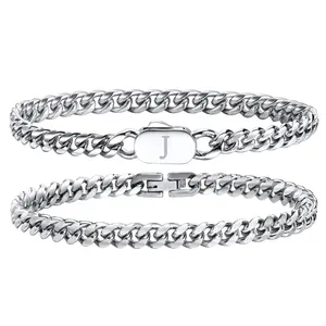 Hisatan Initial Bracelets for Men 2 Pcs A-Z Letter Bracelet Silver Mens Bracelet with Initial Stainless Steel Stylish Non Tarnish Cuban Link Bracelet for Men Jewelry Gifts 8.26"
