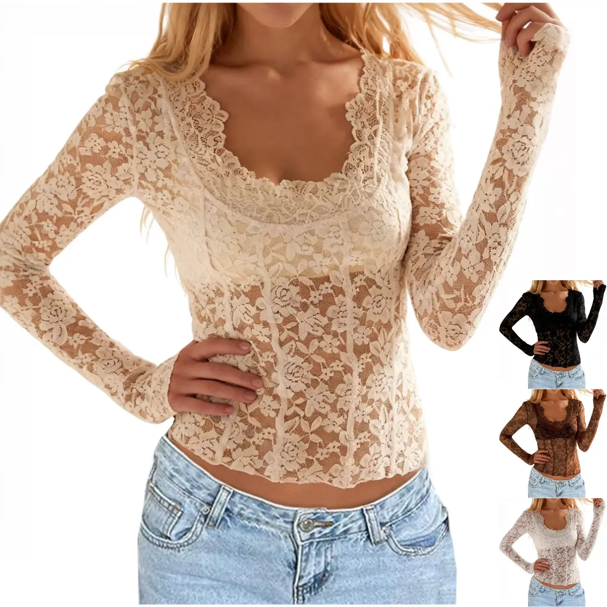 JovenPara Womens Mesh Tops Lace Long Sleeve Shirts Scoop Neck Slim Fitted Outfits Sexy See Through Blouses Y2k