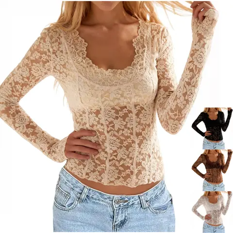 JovenPara Womens Mesh Tops Lace Long Sleeve Shirts Scoop Neck Slim Fitted Outfits Sexy See Through Blouses Y2k