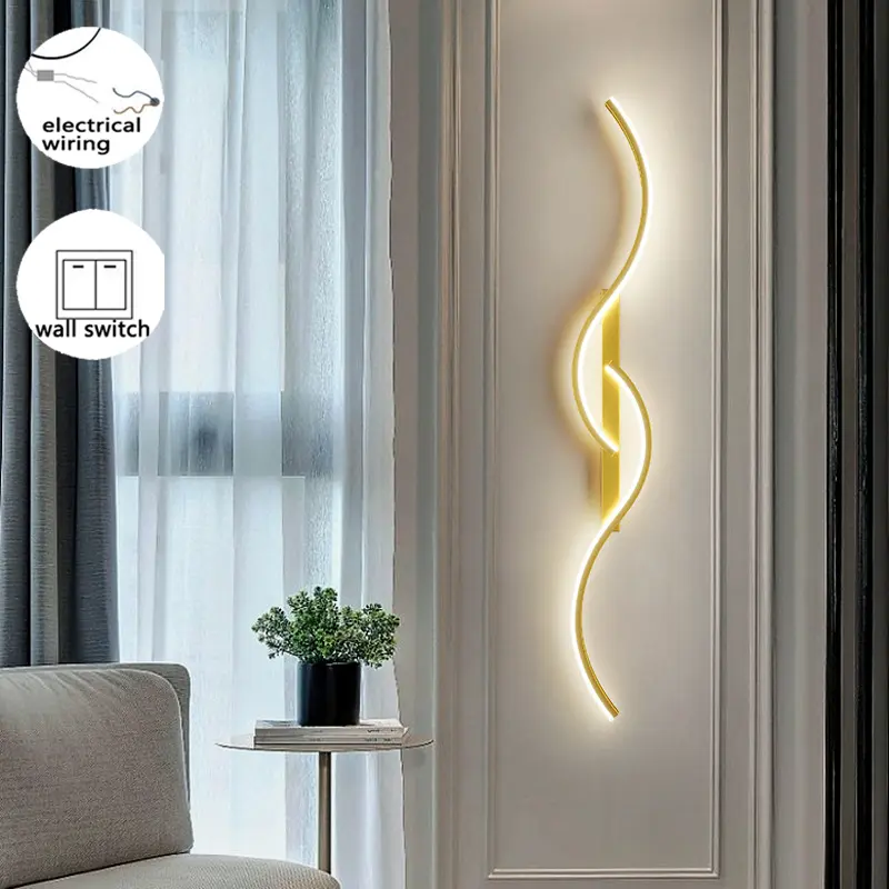 Golden 80cm Wall Lamp, Indoor Wall Light, Electrical Wiring, Minimalist S-Shaped Wall Lamp, Suitable for Entryway, Living Room, Bedroom, Office, Interior Decorative Fixture
