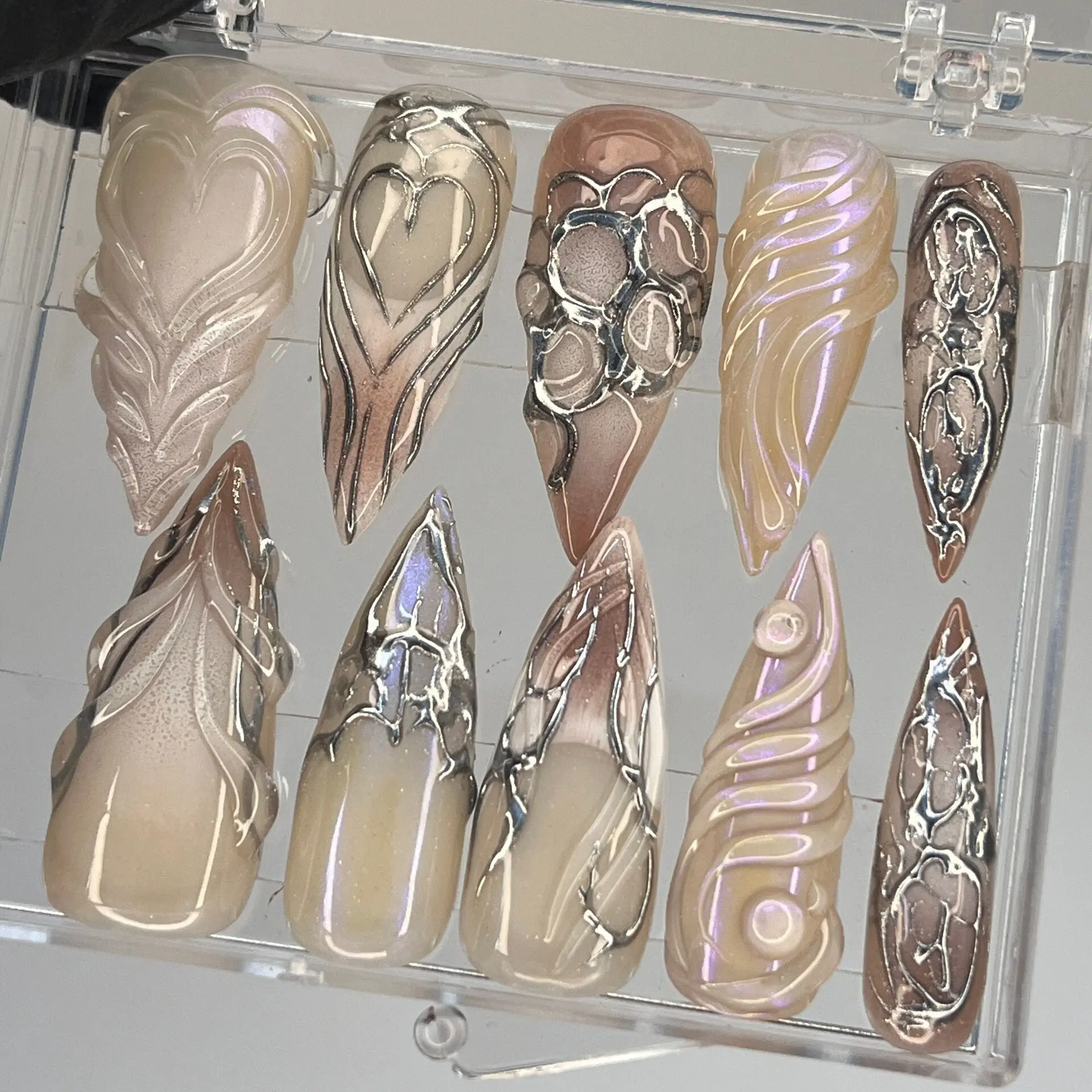 Alice WonderNails - Handpainted Chrome Metallic Gothic Extra Long Stiletto Press On - Y2K Emo and Goth Style Custom False - AW35