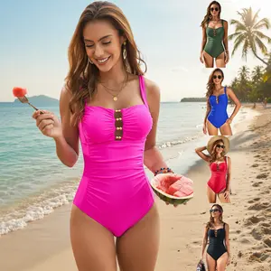 Women's Ruched  Swimsuit  Cutout Beaded Decor RuchedFit Monokini Bathing Suits with Metal Detail Adjustable Straps Beach Vacation