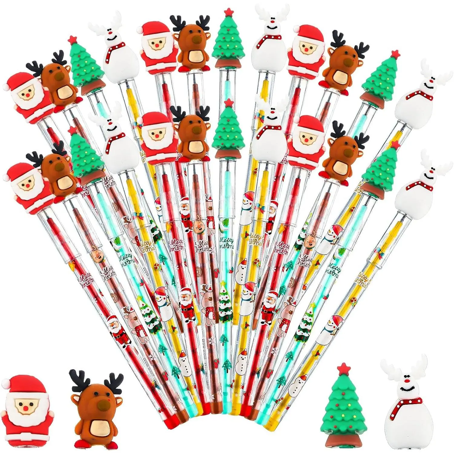 24 count Christmas Pencils Assorted Multi Point Stackable Push Pencil Christmas Tree Santa Claus Snowman  Pens for School Party Favors Supplies Classroom Rewards Gifts