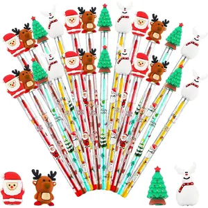 24 count Christmas Pencils Assorted Multi Point Stackable Push Pencil Christmas Tree Santa Claus Snowman  Pens for School Party Favors Supplies Classroom Rewards Gifts