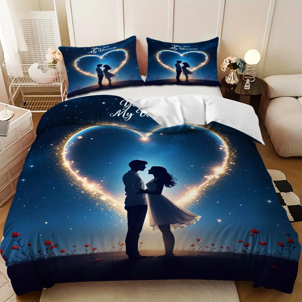 Romantic Blue Starry Sky Heart-Shaped Couple Down Comforter Set (1 comforter cover + 2 pillowcases, filling not included) - A perfect gift for family and friends. Soft and comfortable, suitable for family bedrooms and guest rooms.