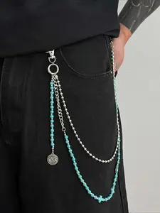 Men's Turquoise Bead & Cross Pant Chain Multi-Layered Silver Jeans Accessory for Streetwear Unisex Boho Wallet Chain PantChain TurquoiseStyle