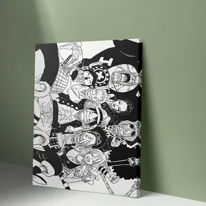 1pc Framed 2D Flat Canvas Painting -  Straw Hat Pirates Crew Black and White Illustration, Detailed Anime Artwork for Living Room, Bedroom, Office, Dorm, or Game Room Decor, Anime Room Decor, Perfect for Room Decor