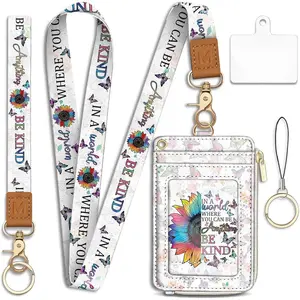 L-NKL013 Lanyard Wallet with Id Badge Holder, Be Kind RFID Small Keychain Wallet Women Wristlet, Cute Zipper Credit Card Holder Phone Wrist Neck Strap for Key Name Tag, Teacher Student Office Gifts